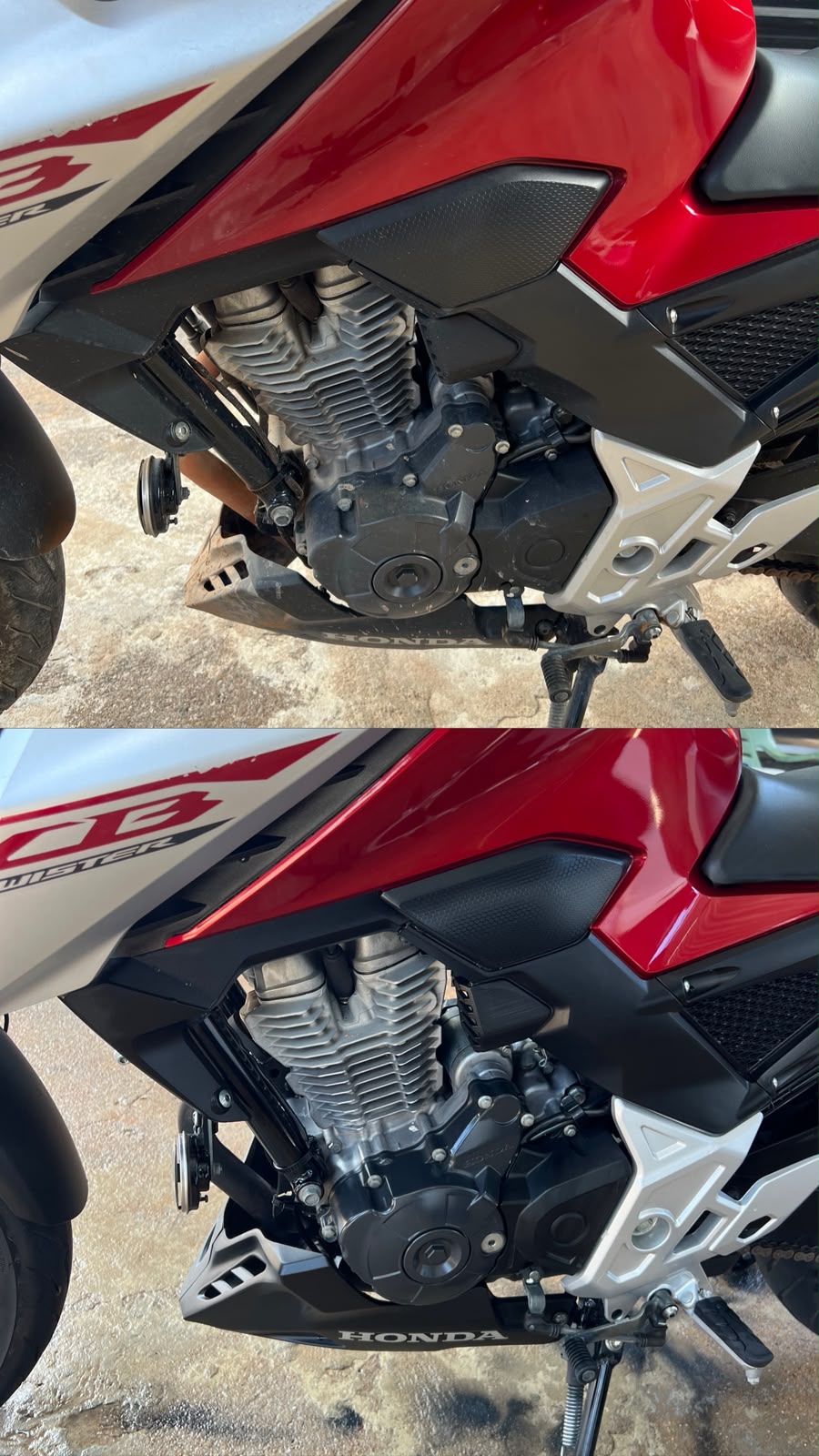 Antes e depois do acabamento do motor em moto Honda vermelha