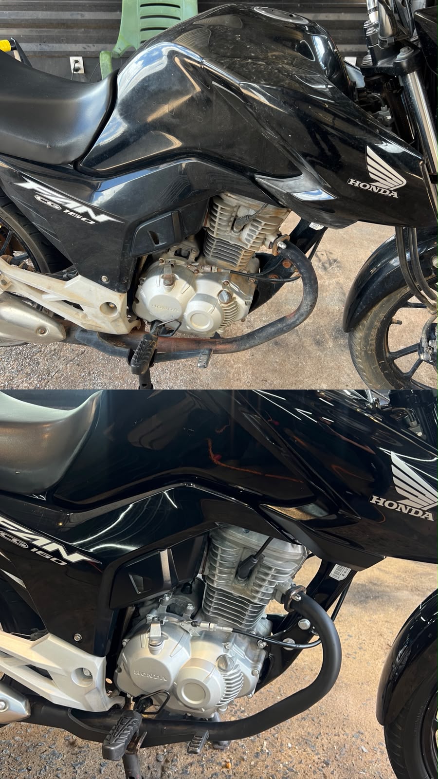 Antes e depois do detalhamento de uma moto Honda CG preta