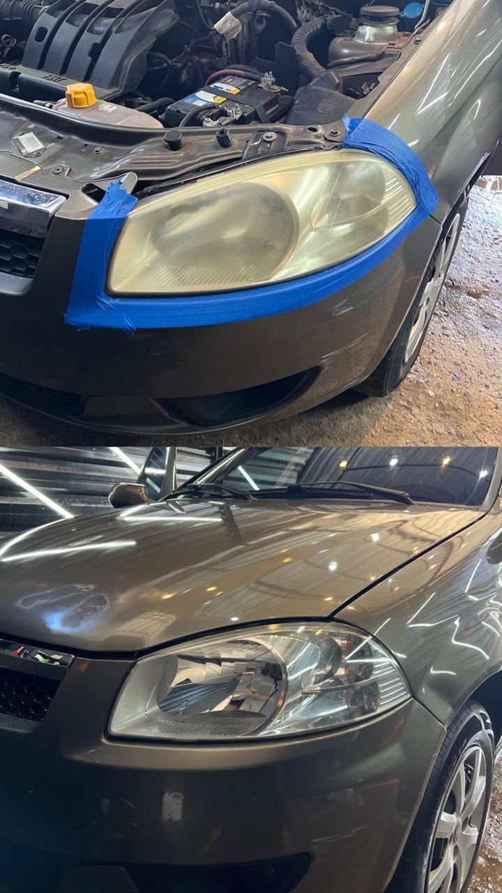 Antes e depois do polimento de farol em carro cinza